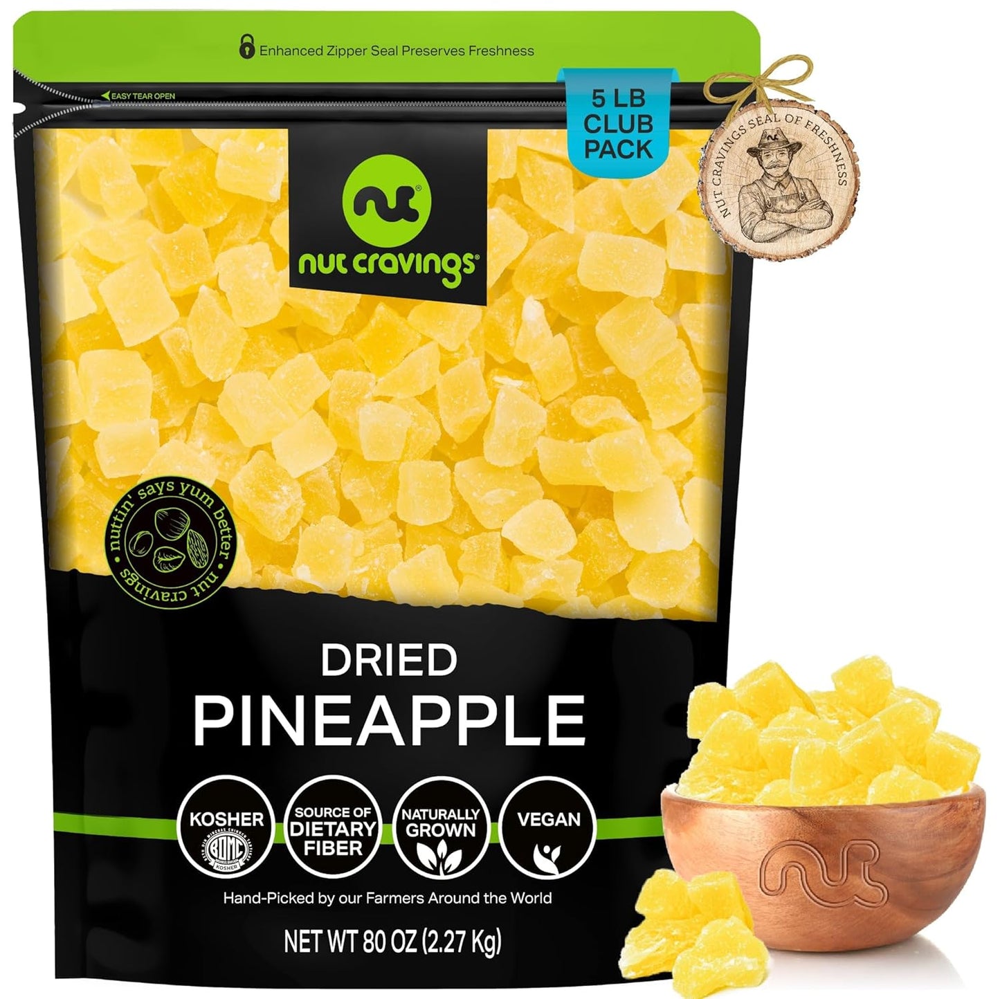 NUT CRAVINGS - Sun Dried Pineapple Chunks, Lightly Sweetened (80oz, 5 LB) Bulk Dry Fruits Packed Fresh in Resealable Bag - Sweet Healthy Snack, Naturally Grown, Vegan, Kosher