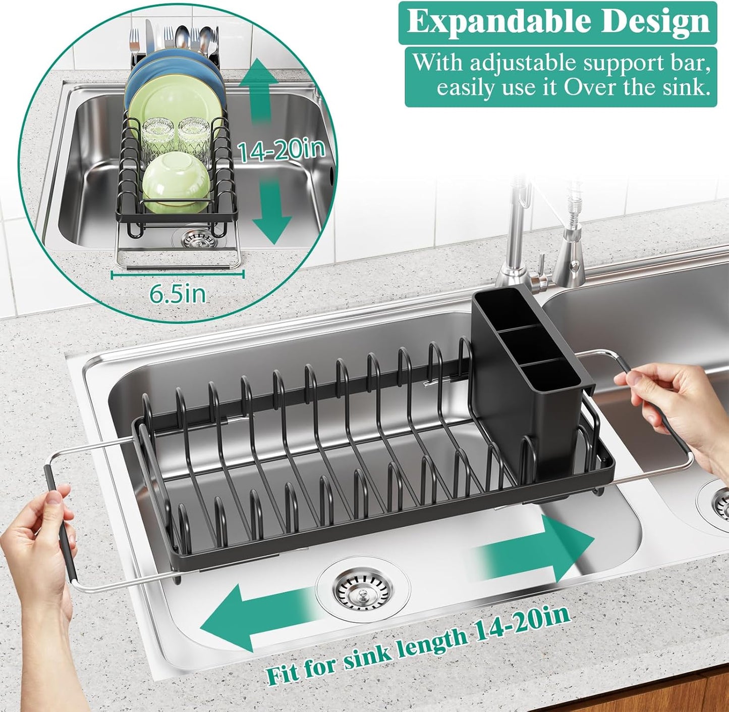 Giwil Small Sink Drying Rack, Compact Dish Rack with Silicone Mat for Kitchen Counter, Expandable Rustproof Dish Drying Rack Used Over Sink, in Sink & on Countertop, Black