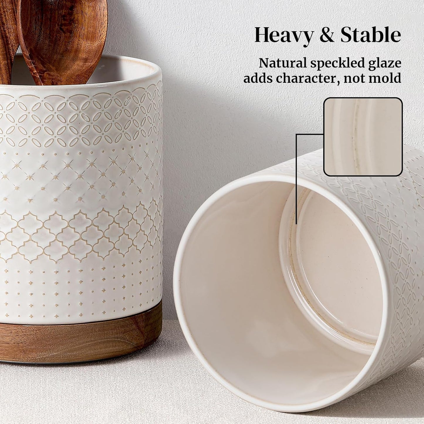 DOWAN 360° Rotating Extra Large Cooking Utensil Holder, 7.6" Kitchen Utensil Holder for Countertop, Utensil Crock for Farmhouse Kitchen Decor, Ceramic Stable Utensil Caddy, White Embossed