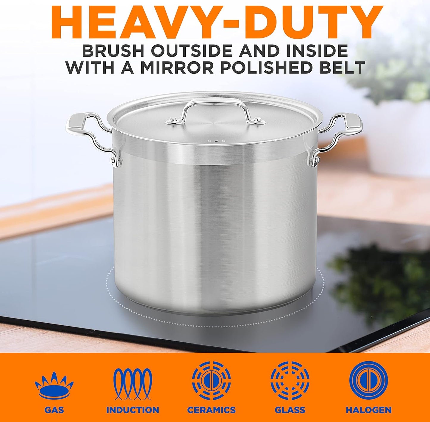 NutriChef 16-Quart Stainless Steel Stockpot - 18/8 Food Grade Heavy Duty Large Stock Pot for Stew, Simmering, Soup, Includes Lid, Dishwasher Safe, Works w/Induction, Ceramic & Halogen Cooktops