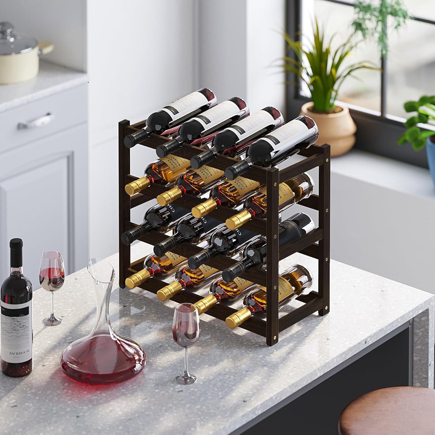 BAMEOS Bamboo Wine Rack Storage, 4 Tier Wine Racks Countertop, Wine Rack Freestanding Floor Wine Holder Cabinet for Kitchen, Bar, Pantry, Wine Cellar, Basement,Study (16.85 L x 9.25W x 17.24H)