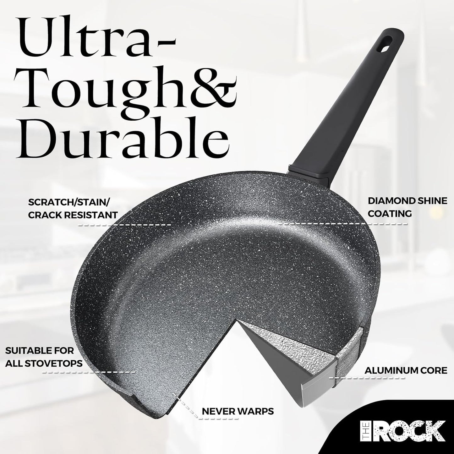 THE ROCK SOHO 11-Inch Non Stick Frying Pan with Lid – Nothing Sticks, Never Warps, Lasts Longer, Healthy Skillet with Heat-Resistant Handle, PFOA Free, Oven & Dishwasher Safe, Black