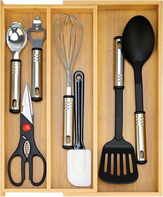 Large Bamboo Silverware Drawer Organizer Tray Kitchen Tool Drawer Divider Organizers Storage Expandable Cooking Utensil Organizer Wooden Cutlery Tray Spoon Flatware Organizers Utensil Holder Drawers