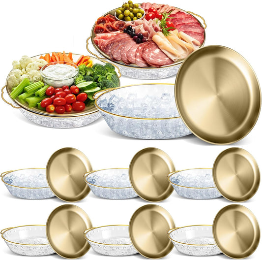 Baderke 9 Set 11.8" Chilled Serving Tray for Parties with Compartments Ice Chilled Party Platter Charcuterie Serving Board Cold Dish Dip for Fruit Seafood Vegetable Shrimp Cocktail (Gold)
