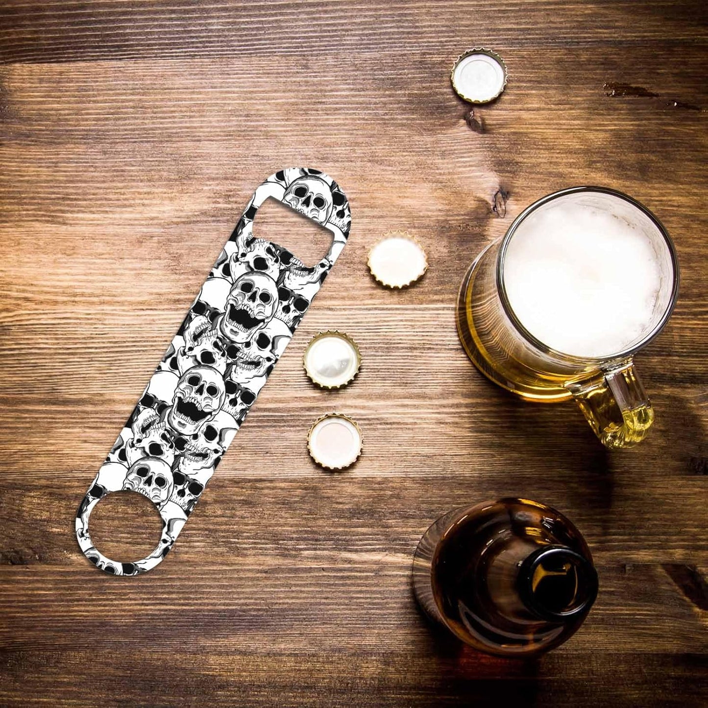Skull Stainless Steel Bottle Opener Black and White Cranium Grinning Abstract Art Bone Skeleton Flat Beer Bottle Opener Keychain for Home Kitchen Bar Restaurant Party Birthday Gift