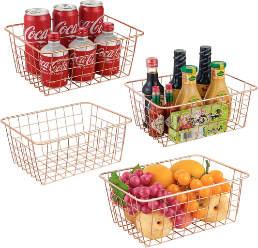 Wire Kitchen Storage Basket 4 Packs,Perfect Pantry Organization Accessories Baskets,Laundry Basket,Countertop Organization,Suitable for Kitchen,Bathroom,Bedroom,Tabletop,Rose gold