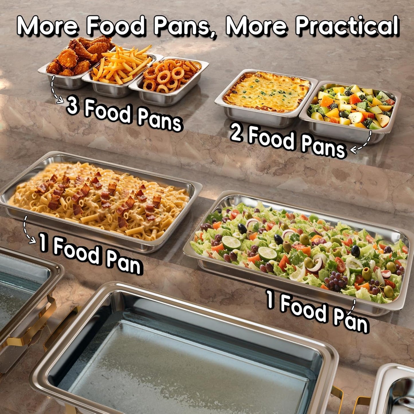 9Qt Chafing Dishes for Buffet 4 Pack [Multiple Size Food Pans] | Chafing Dish Buffet Set [Screw-free Installation] with Stackable Design [Less Storage Space] for Wedding/Party