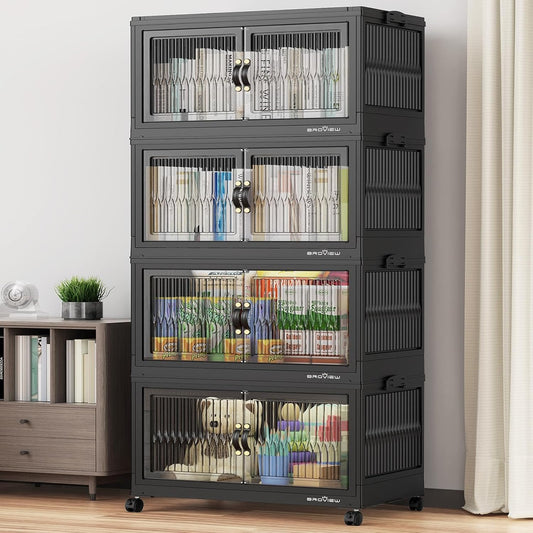 480Qt Stackable Storage Bins with 4 Lids, Extra Large Closet Organizer Collapsible Drawer Boxes with Wheels, Folding Plastic Cabinet Containers for Home Kitchen Room Organization, 4Pack Black