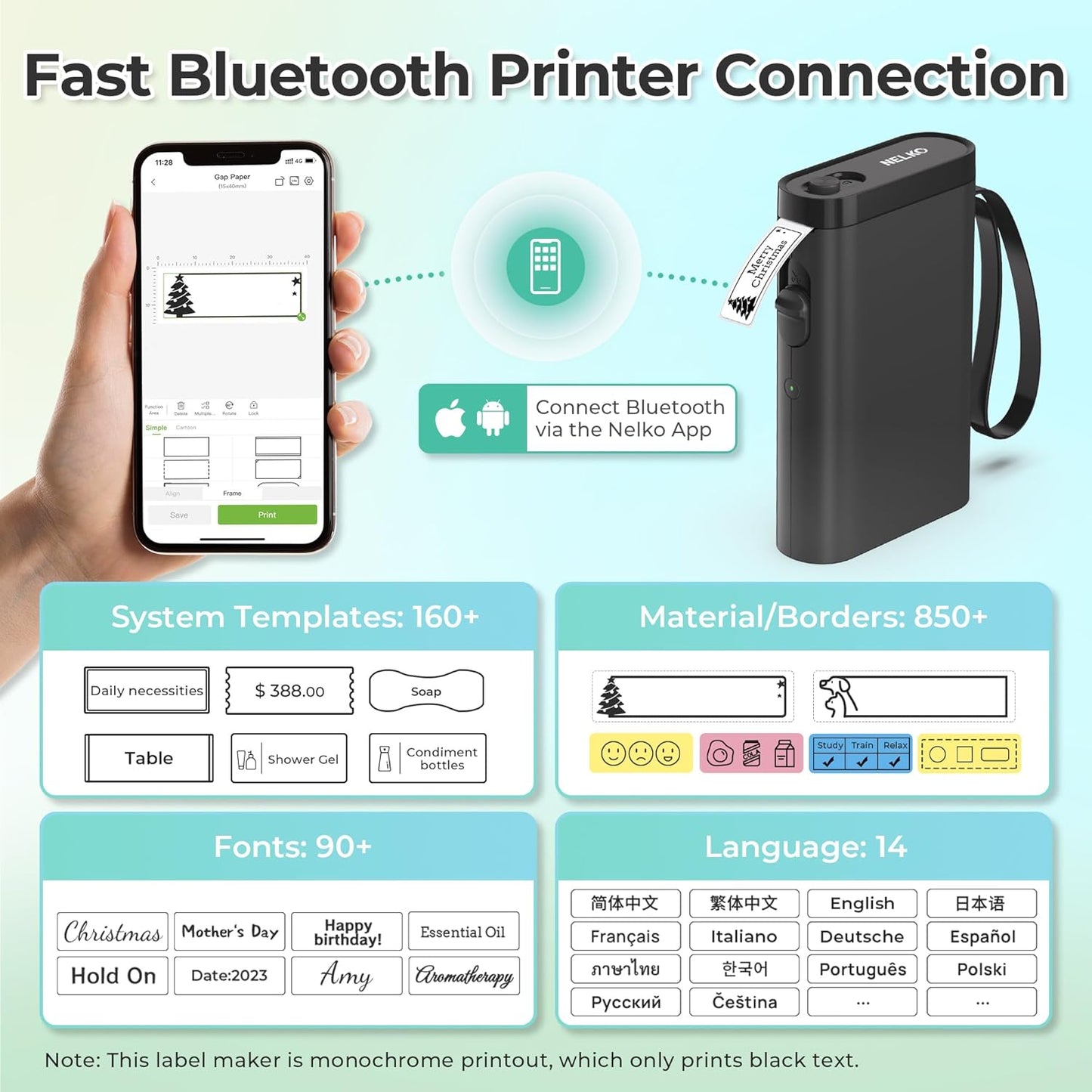Nelko Label Maker Machine with Tape, P21 Bluetooth Label Printer, Wireless Mini Label Makers with Multiple Templates for School Office Home, Black