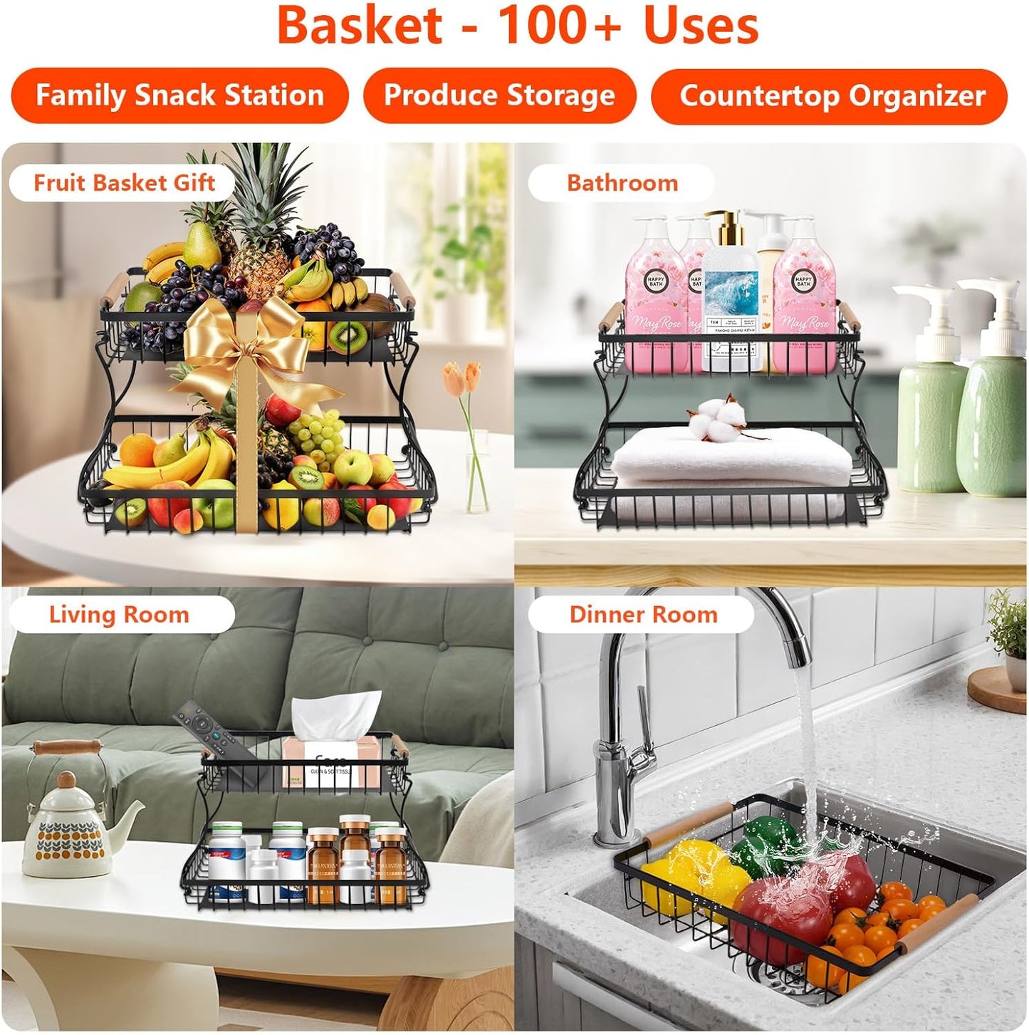 2 Tier Countertop Fruit Basket with 2 Protective Mats for Kitchen, Detachable Metal Organizer for Bread Vegetable Fruits with Wooden Handle, Large Capacity Rectangular Storage Stand Bowls, Black