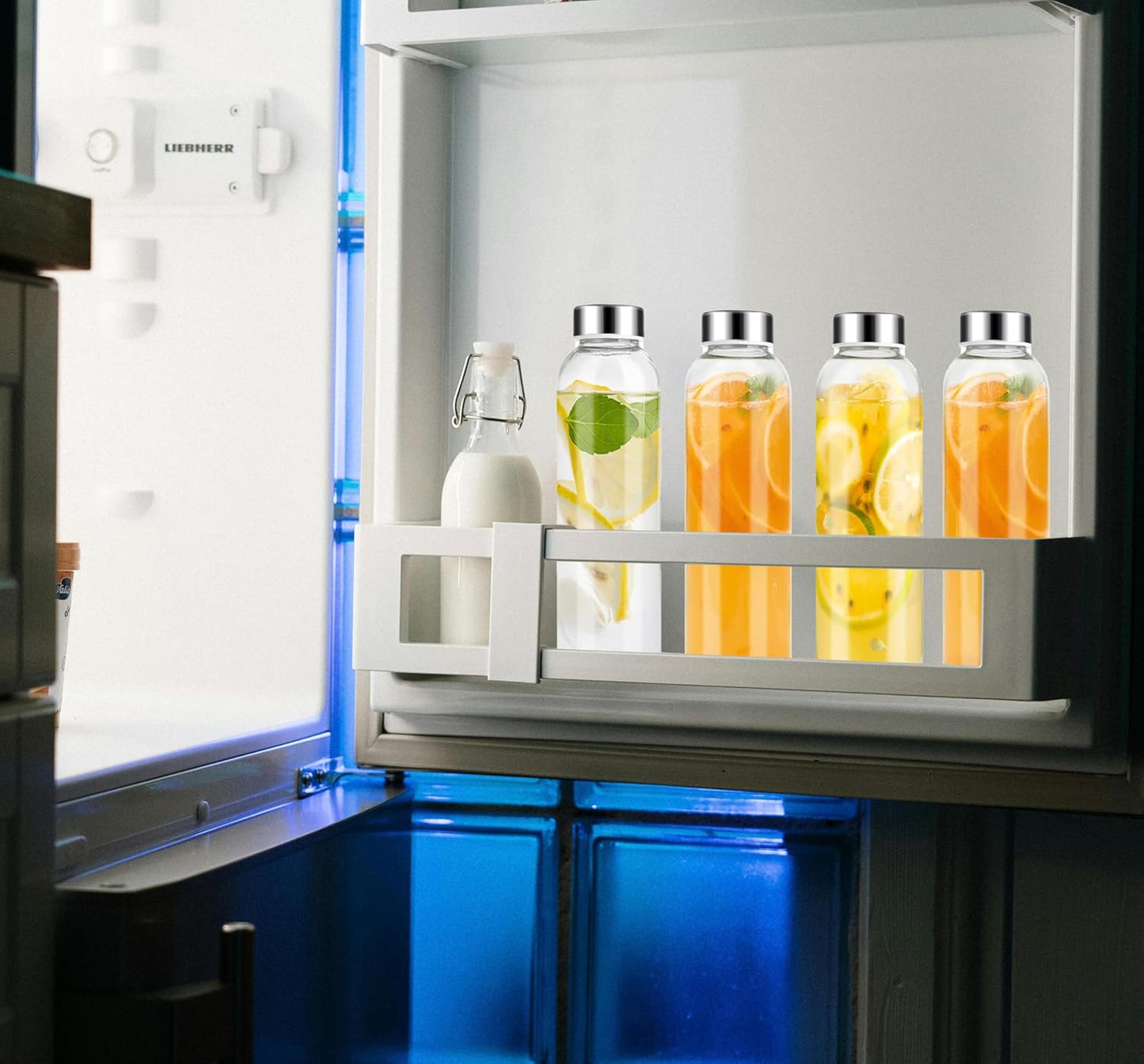 Clear Glass Bottles with Lids 6pcs Set 18oz,Reusable Glass Water Bottle with Stainless Steel Cap, 100% Leak Proof,Can be Used for Fruit Juice, Tea, Water, etc