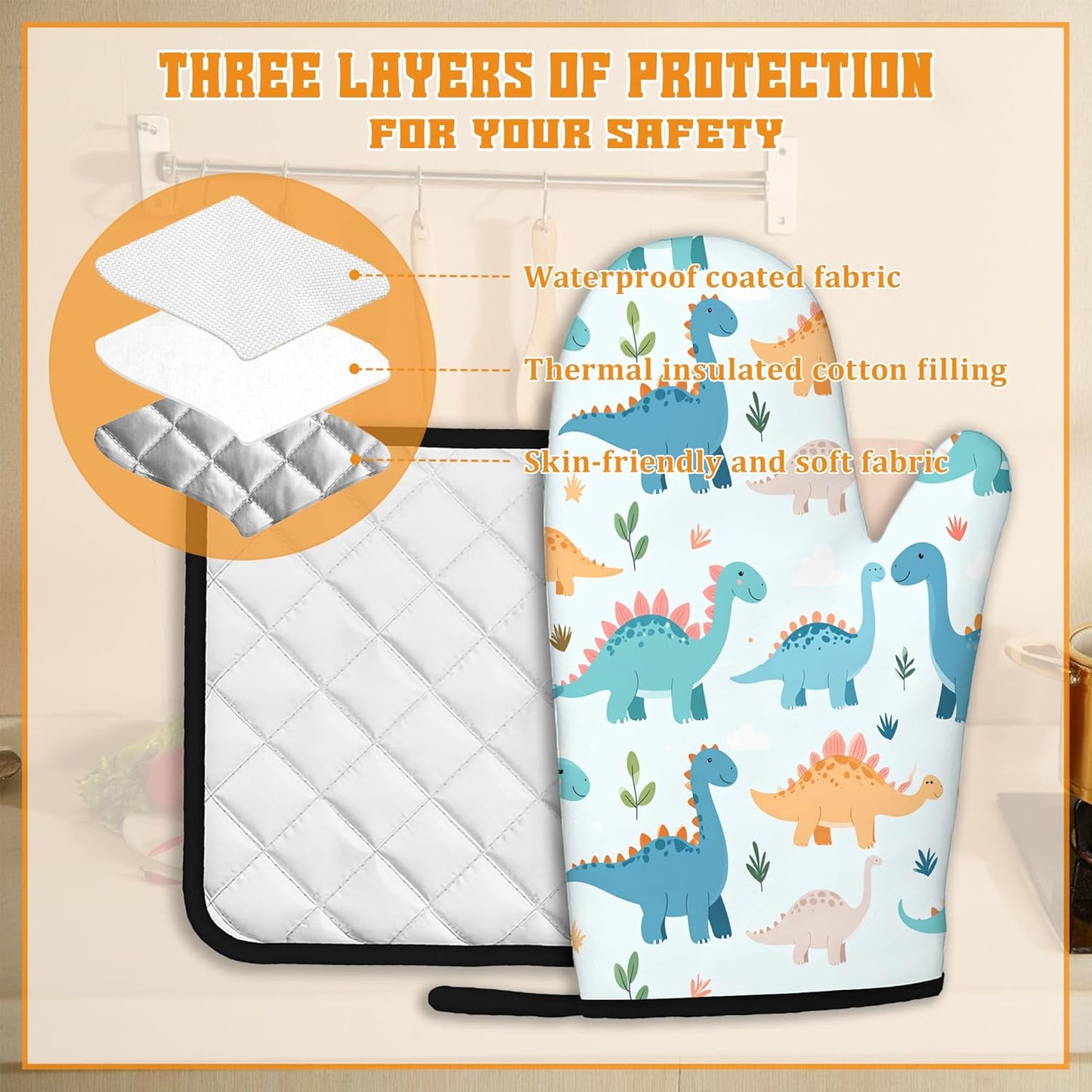 Cute Dinosaur Oven Mitts and Pot Holders,Heat Resistant Oven Mitts Gloves and Pot Holder for Home Kitchen Decorations Cooking Baking BBQ Gifts,Set of 4