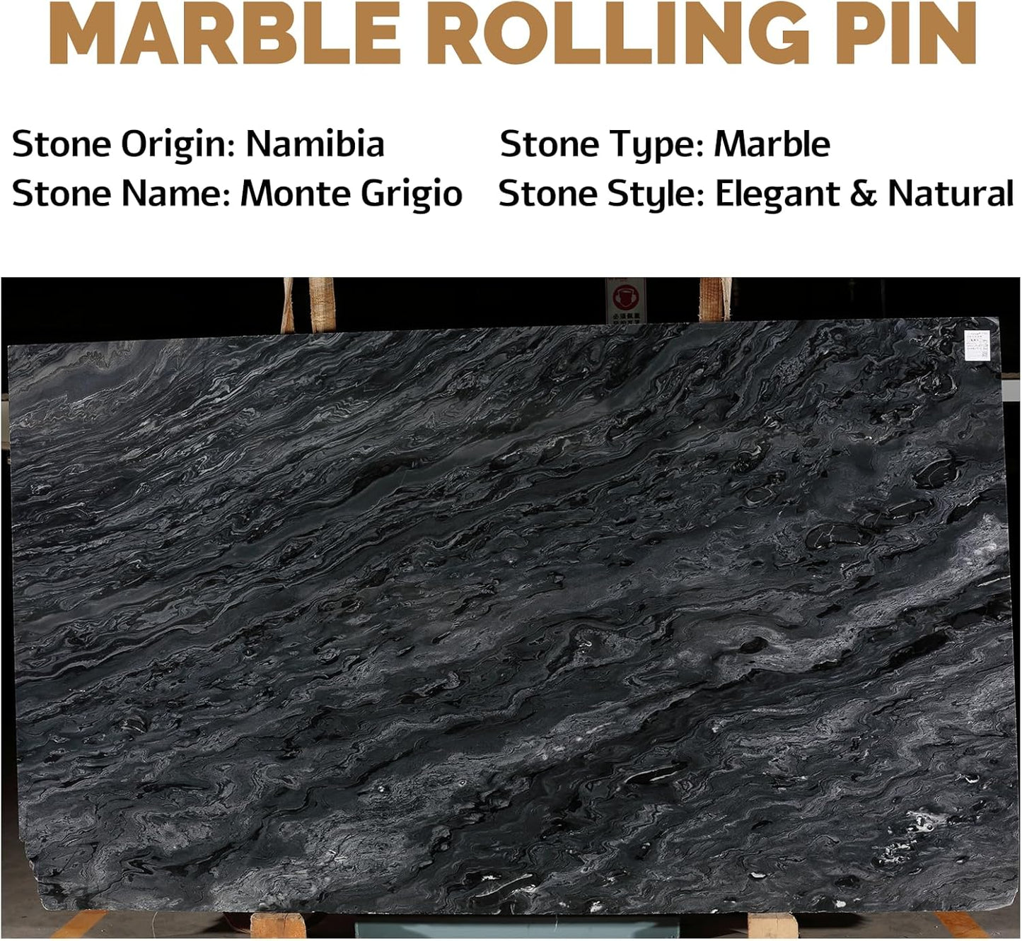 Koville African Natural Marble French Rolling Pin, 16inch Non-Stick Rolling Pin for Baking, Dough Roller for Pasta, Dumpling, Fondant, Pie, Bread, Pizza, Kitchen Baking Tools(Monte Grigio)