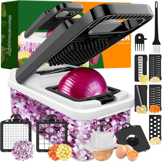 12-in-1 Vegetable Chopper, 7 Blades Veggie Chopper with Container and Lid, Dicer, Slicer, Multifunctional Kitchen Gadgets, Vegetable Cutter with Handle, Onion Cutter(Black/White)