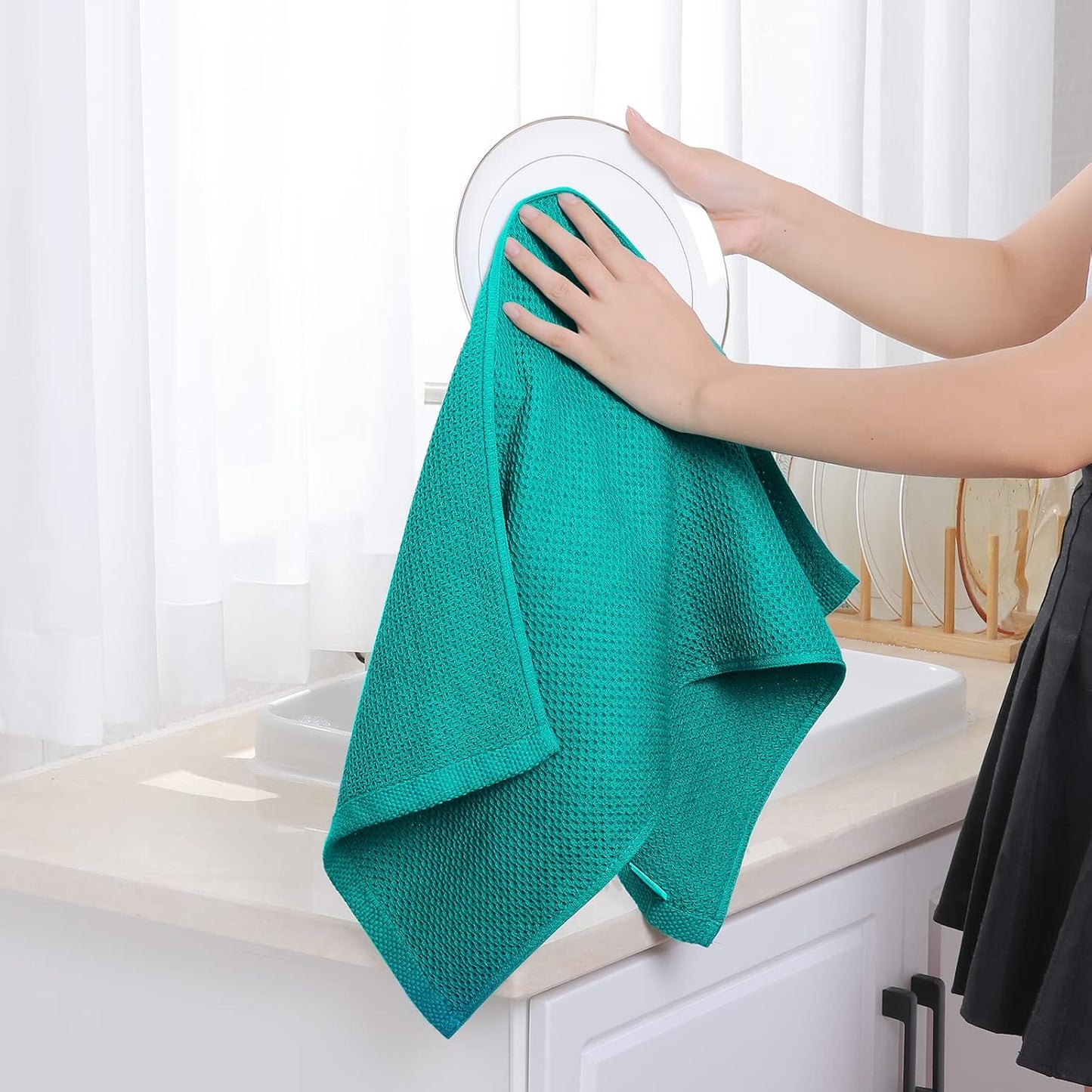 Homaxy 100% Cotton Waffle Weave Kitchen Dish Towels, Ultra Soft Absorbent Quick Drying Cleaning Towel, 13 x 28 Inches, 12-Pack, Teal