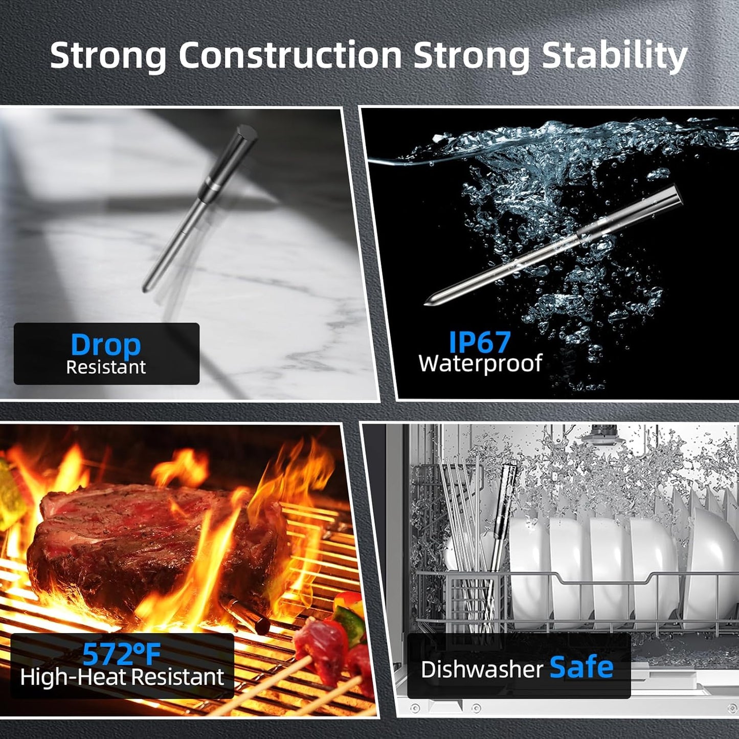 Aurasky Wireless Meat Thermometer with Unique Stone Texture, Smart Bluetooth APP Control, 500 Ft Remote Range, Dual Alarm, Waterproof Cooking Meat Thermometer for Grilling, Smoking, Family BBQ, Oven