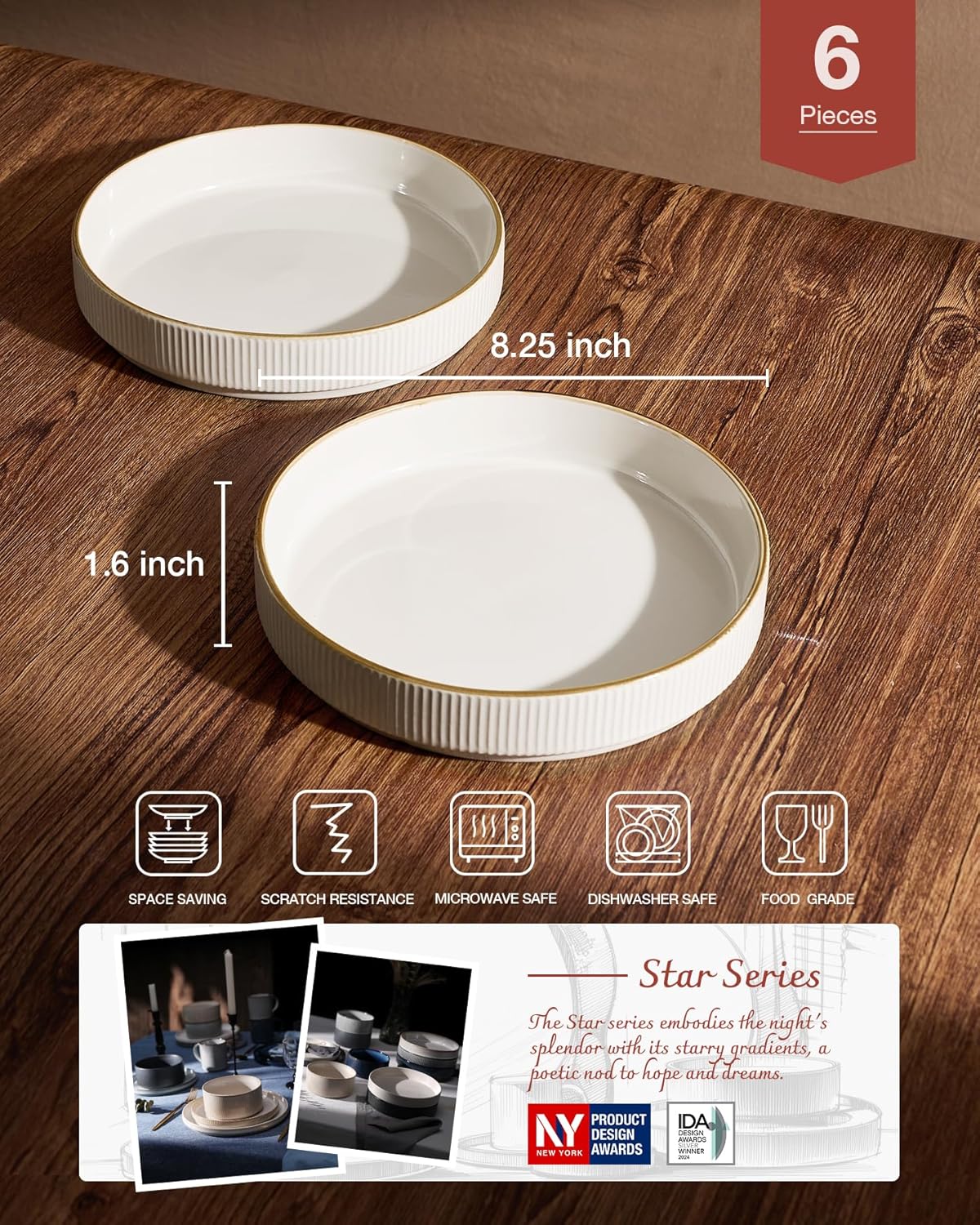 famiware Star 8.25" Pasta Bowls, Large Dinner Bowls Set of 6, Salad Bowl Plates, Shallow Bowls for Eating, White