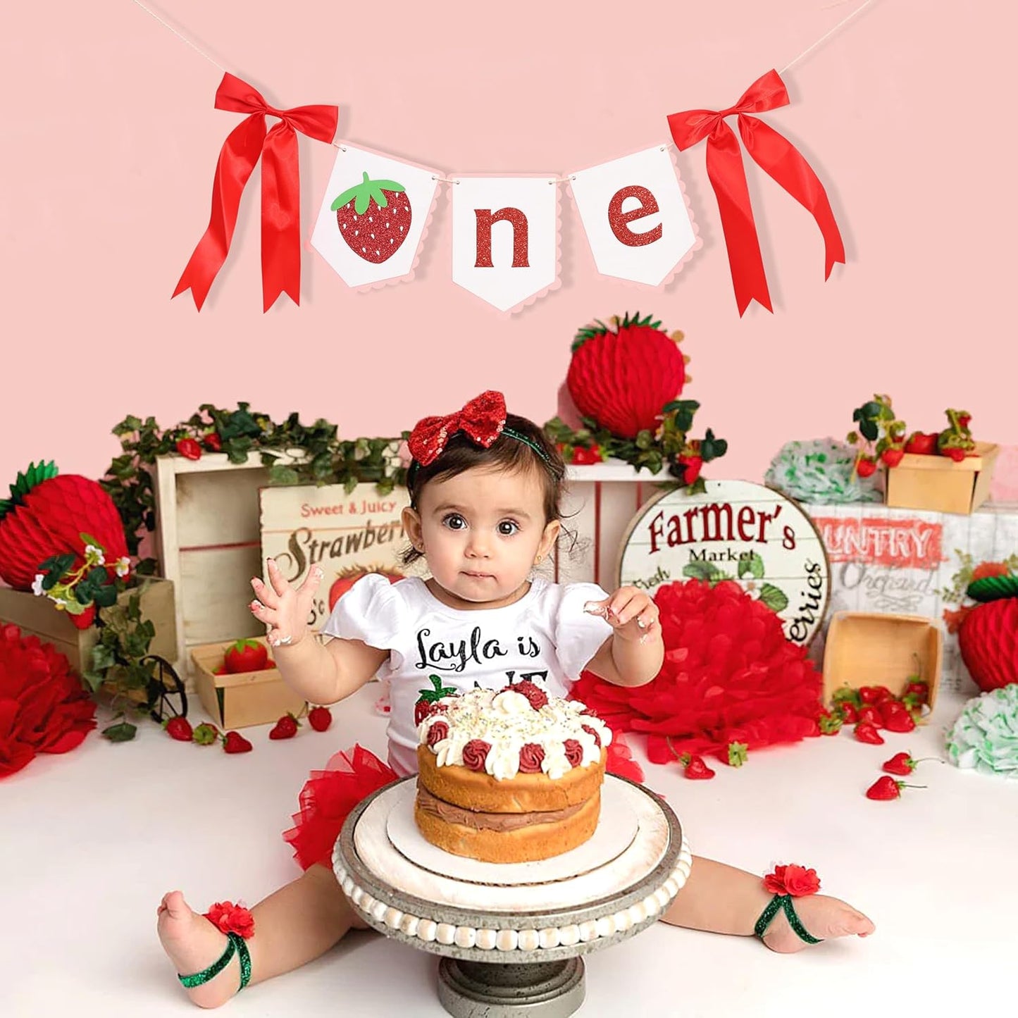 Strawberry First Birthday High Chair Banner - Strawberry Berry One 1st Birthday Highchair,Fruit Themed 1st Party Decorations,Sweet One Highchair Banner (Strawberry one banner)