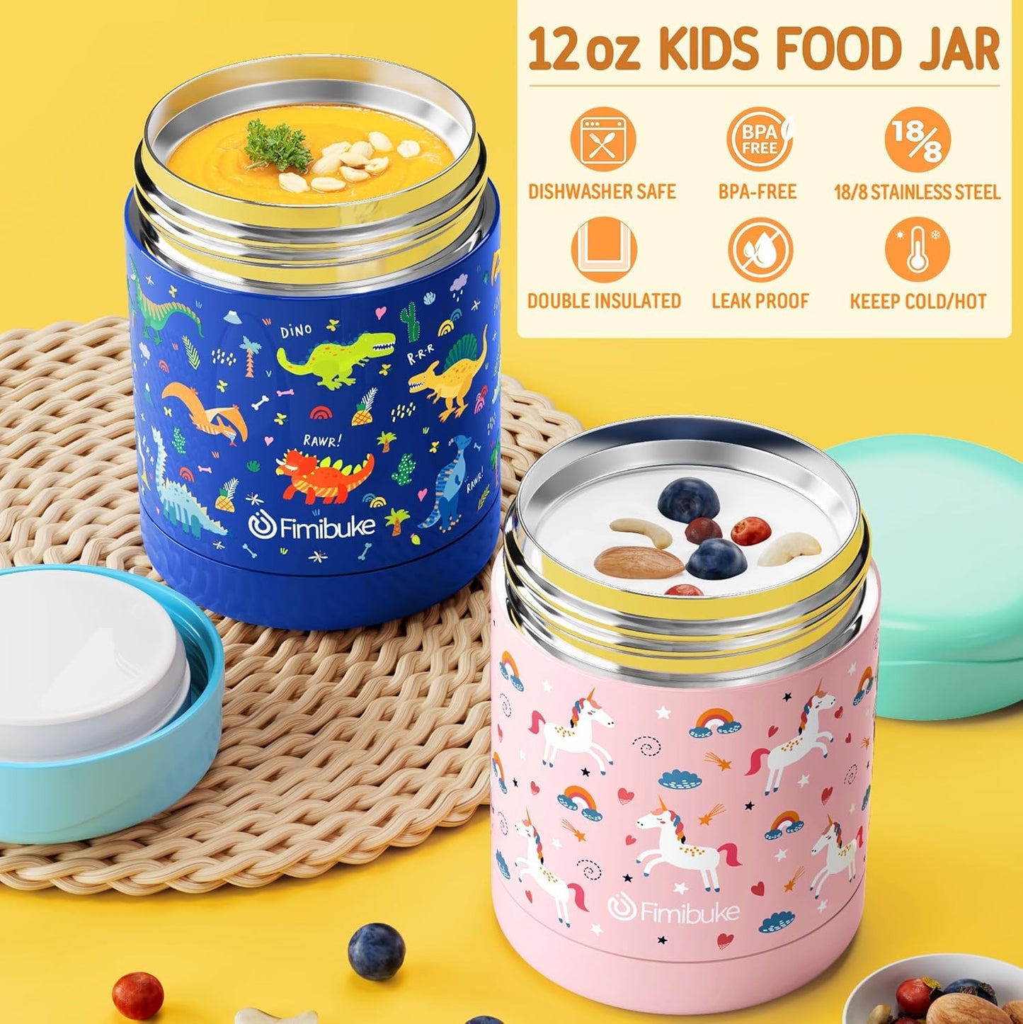 Fimibuke Kids Bento Snack Lunch Box with 4 Compartment, Insulated Bag, Stainless Steel Vacuum Thermos Food Jar, Ice Pack, Utensils Set, Birthday Gift for Age 3-12 Back to School Toddler Girl Boy Adult