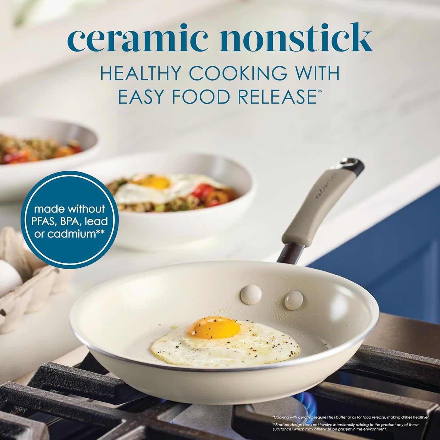 Rachael Ray Cucina Ceramic Nonstick Frying Pan/Skillet, 8.5 Inch Non Stick Open Fry Pan, Dishwasher Safe - Almond