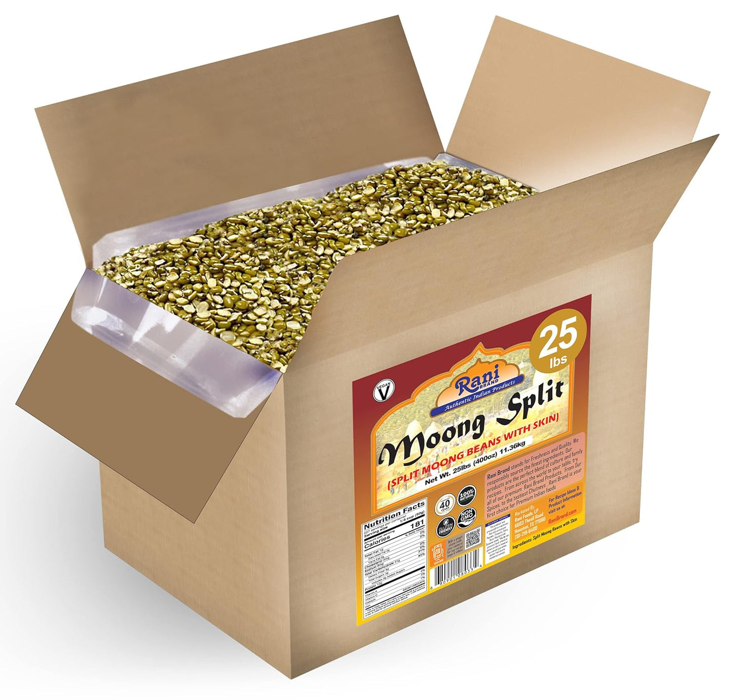 Rani Moong Split (Split Mung Beans with Skin) Lentils Indian 400oz (25lbs) 11.36kg Bulk Box ~ All Natural | Gluten Friendly | Non-GMO | Kosher | Vegan | Indian Origin