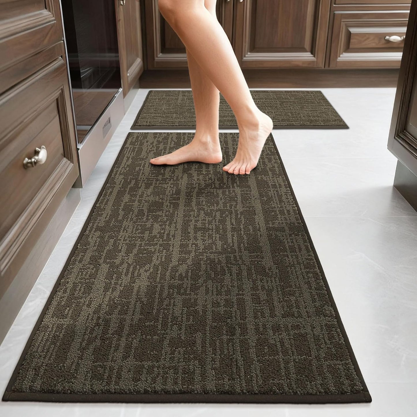 COSY HOMEER Kitchen Rugs 20"x32"+20"x48" Absorbent Soft Kitchen Mats for Floor Non Slip Kitchen Runner Rug Polyester Washable Kitchen Floor Mats for Sink Mat,Hallway,Laundry,Brown