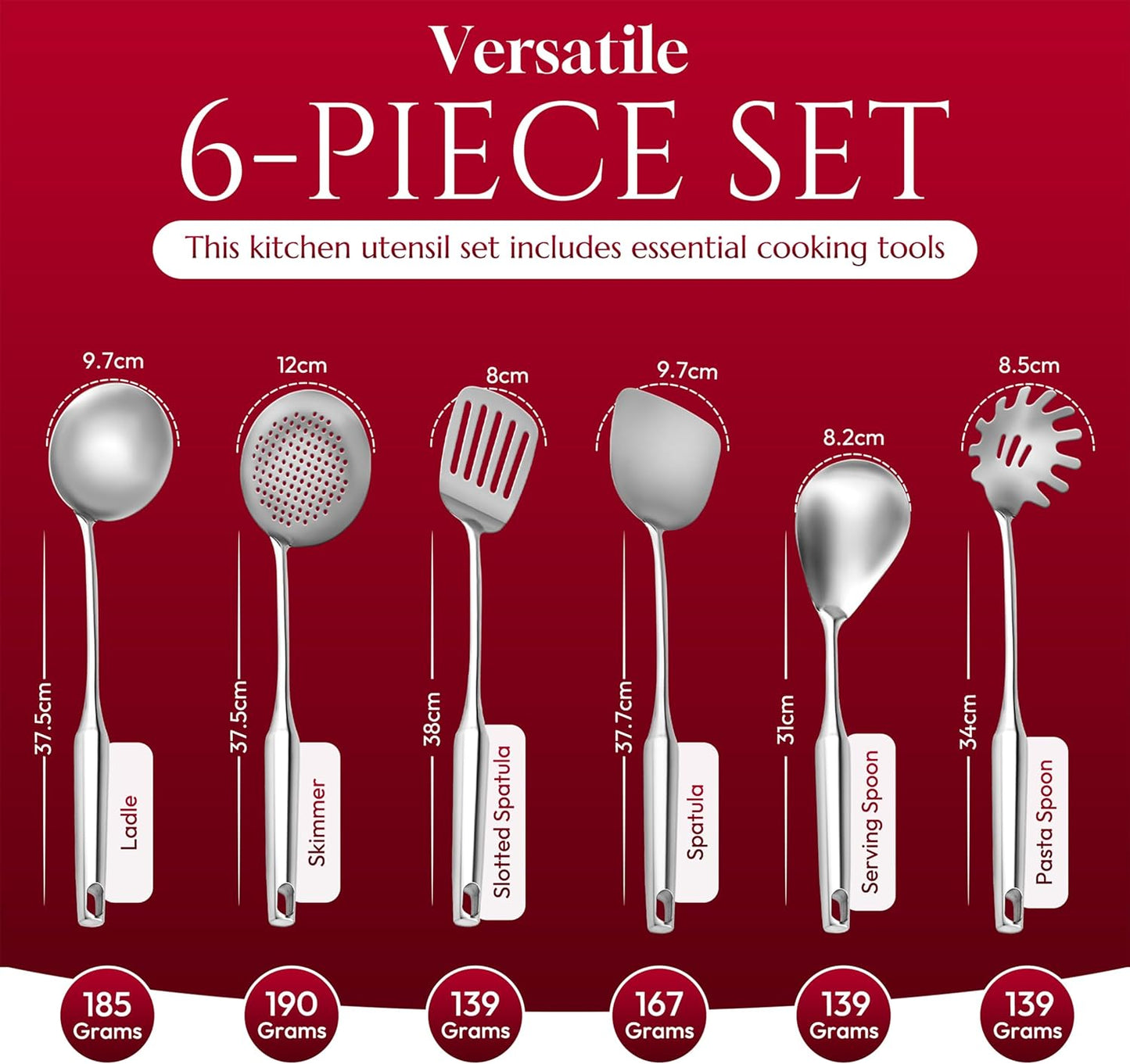 6 Pc Stainless Steel Cooking Utensils Set with Ergonomic Handles – Heat Resistant Kitchen Tools Includes Slotted Spatula, Skimmer Ladle, Spatula, Serving Spoon, Pasta Spoon Ideal for Cooking