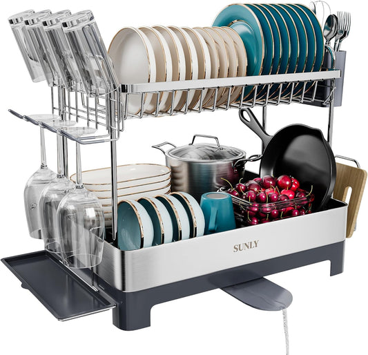 SUNLY Large Dish Drying Rack, Multipurpose 2 Tier Dish Racks for Kitchen Counter, 304 Stainless, Extra Large Drain Board