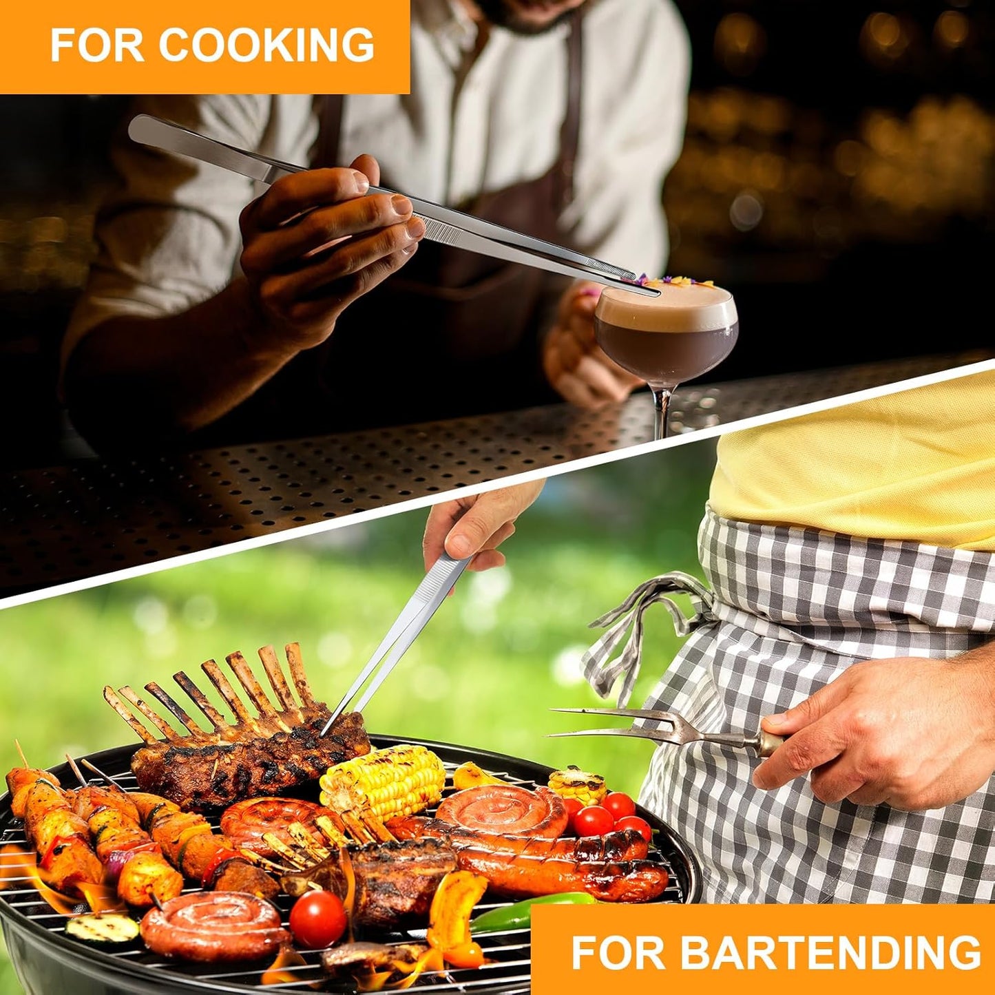 Yaomiao 4 Packs 10 Inch 12 Inch Bar Tweezers Silver Long Garnish Tongs Stainless Steel Kitchen Cooking Tongs Tweezers for Food Cocktail Korean BBQ Bartender Chef, Multi-use