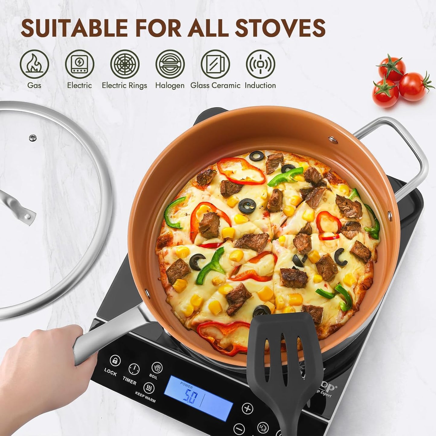 Ceramic Saute Pan with Lid, 5.5QT Nonstick Frying Pan without PFAS, PTFE, or PFOA, Stainless Steel Base Deep Skillet for All Cooktops, Oven & Dishwasher Compatible