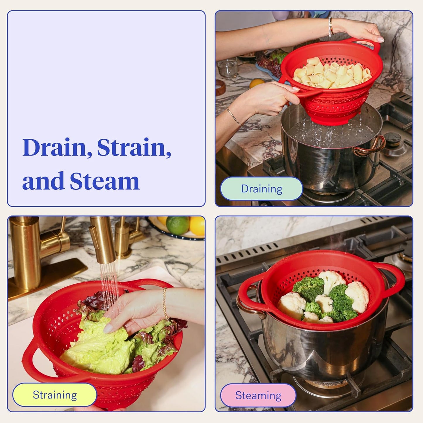 GIR Collapsible Colander for Kitchen – Space-Saving Strainer & Steamer – BPA-Free, Heat-Resistant, Dishwasher Safe Kitchen Strainer with Stainless Steel Rim – Durable Collapsible Colander - Red