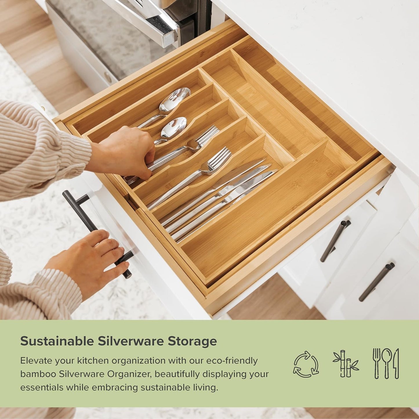 KitchenEdge Premium Silverware, Flatware and Utensil Organizer for Kitchen Drawers, Food-Safe Contract Grade, Expandable from 14 to 25 In, Natural Bamboo