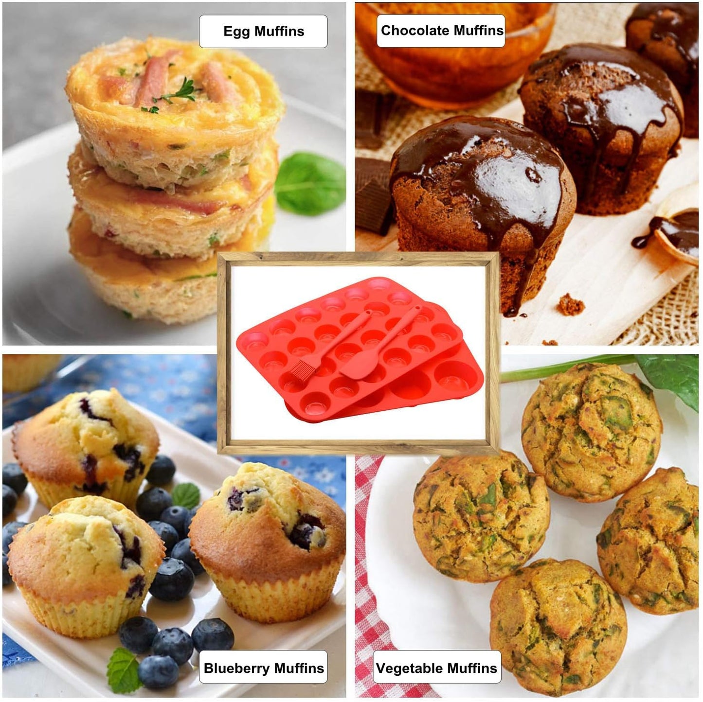 Silicone Muffin Pan Cupcake Set, Non-Stick Regular 12 Cups and Mini 24 Cups,Silicone Baking Molds,BPA Free Muffin Tin with 1 Silicone Spatula & 1 Oil Brush (Red)