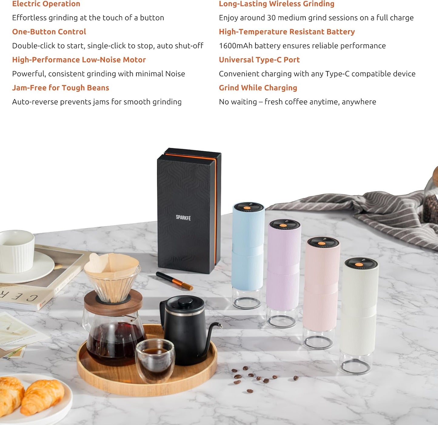 Portable Electric Coffee Grinder, Rechargeable Handheld Grinder with Stainless Steel Conical Burr, Adjustable Grind Settings, for Espresso, Moka, Pour Over, French Press, Cold Brew, Blushy