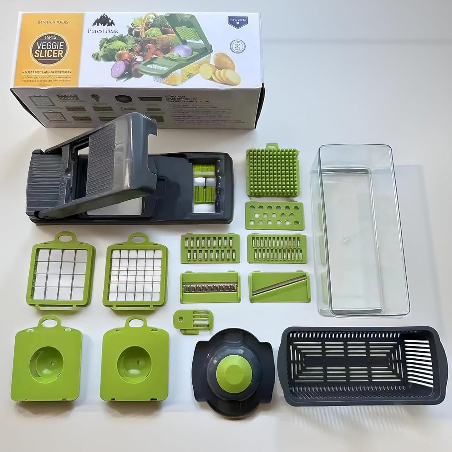 Vegetable Chopper with Container – 16-in-1 Food Dicer and Multi-Blade Cutter for Vegetables, Fruits, Cheese by Purest Peak