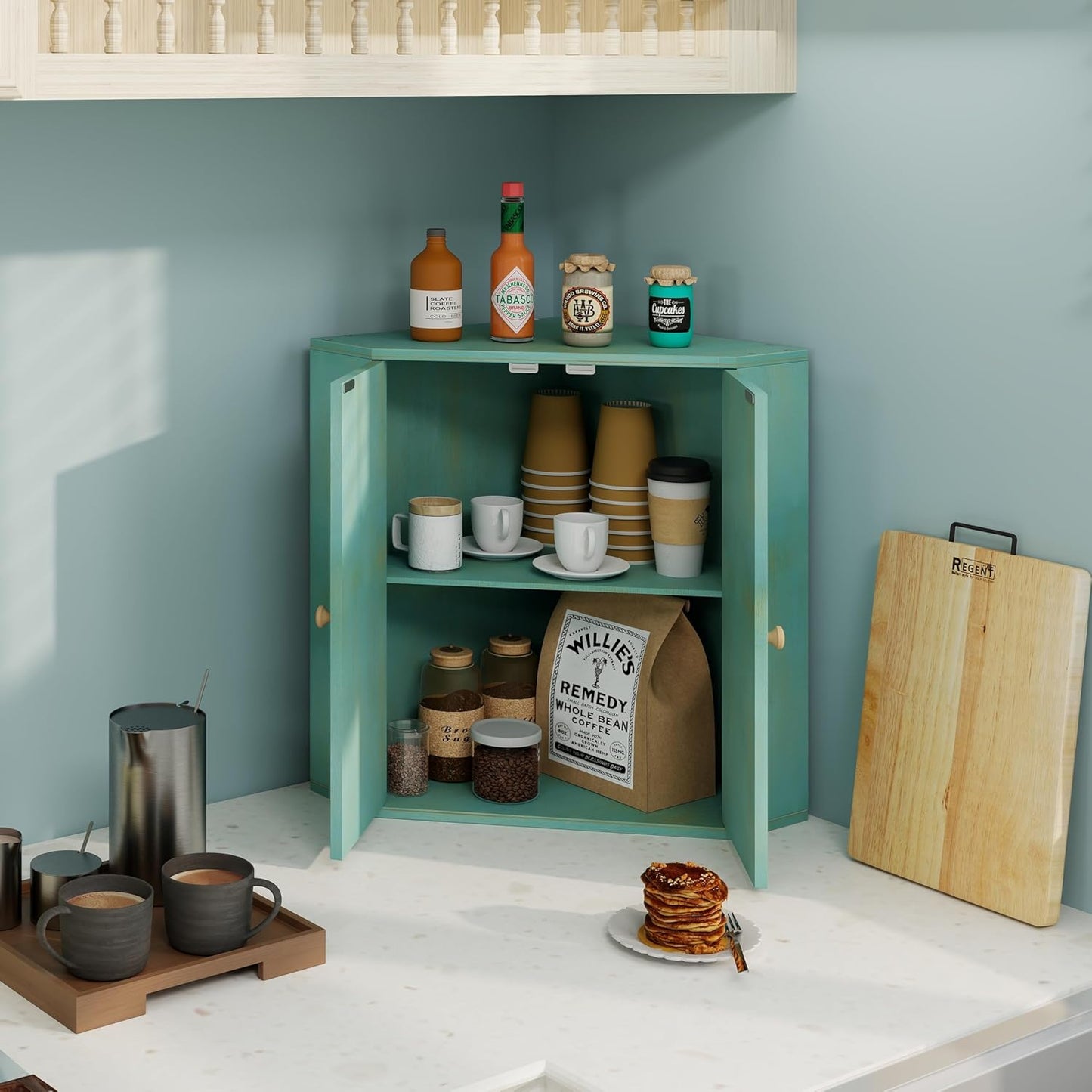 Corner Bread Box for Kitchen Counter Double Layer Bamboo Bread Storage Container Large Capacity Bread Storage Bin Farmhouse Breadbox Organizer (Antique Blue)