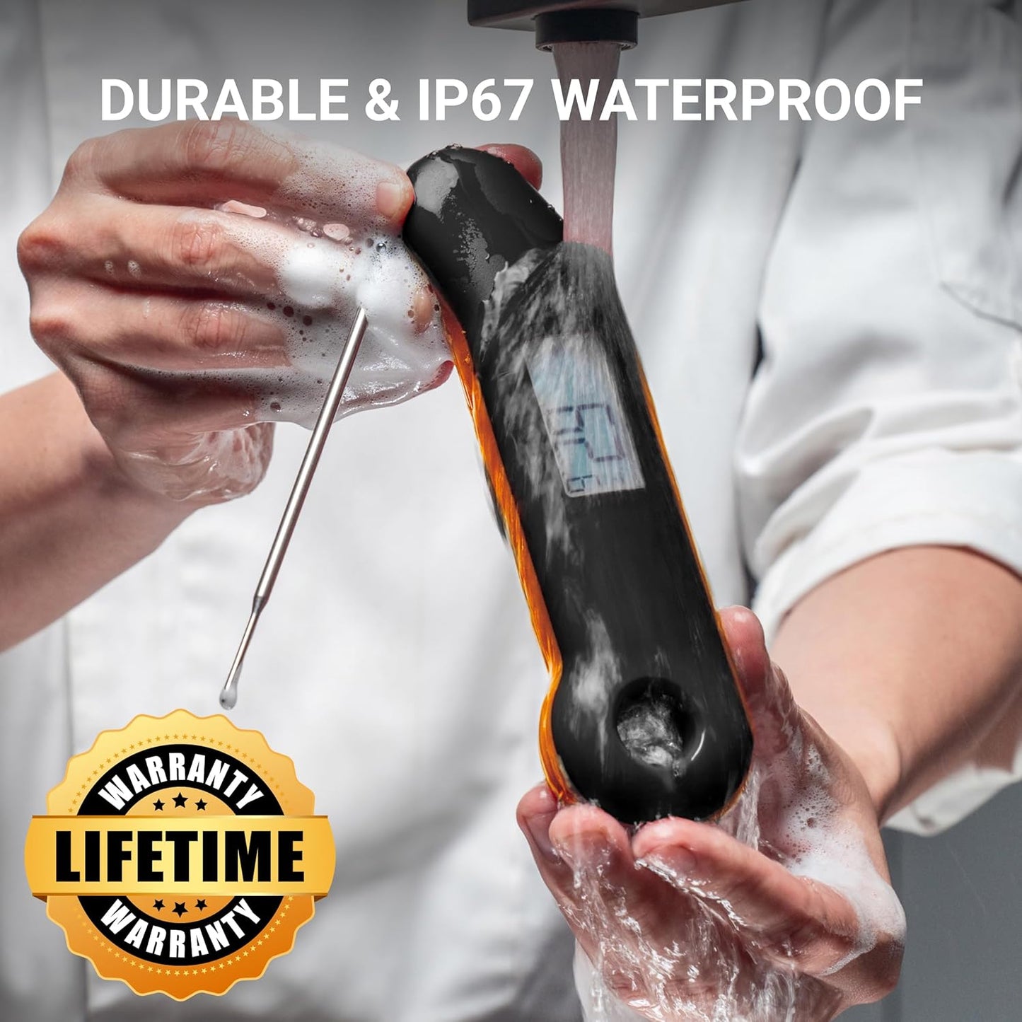 Professional Meat Thermometer, Instant Read in 0.5 Sec, NIST Certified Accuracy ±0.5°F, IP67 Waterproof, Ambidextrous Backlight, Auto-Rotating Display, for BBQ/Grill/Cooking, Black&Orange