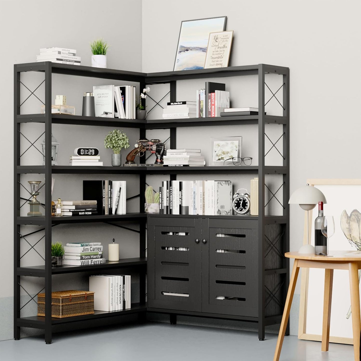 Corner Bookshelves and Bookcases Industrial Corner Etagere Bookcase L Shaped Shelf 6 Tiers with Metal Frame for Living Room Home Office