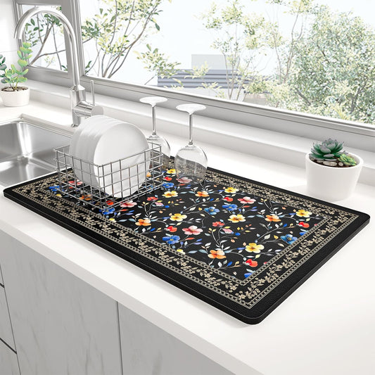 Rnivvi Dish Drying Mat for Kitchen Counter, 12 x 19" Cute Flower Theme Super Absorbent Draining Pad, Non-Slip Heat Resistant Coffee Bar Mat for Coffee Machine Station Accessories, Retro Dish Rack Pad