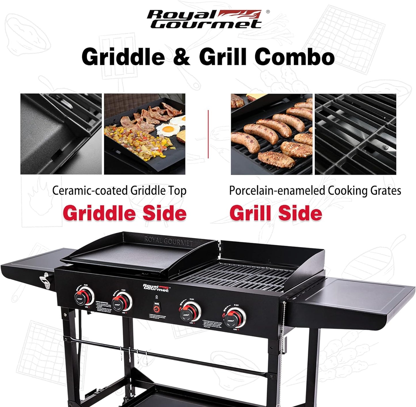 Royal Gourmet GD402 4-Burner Propane Gas Grill and Griddle Combo with Foldable Legs, 48,000 BTUs, Portable Griddle Grill Combo for Outdoor Cooking While Camping or Tailgating, Black