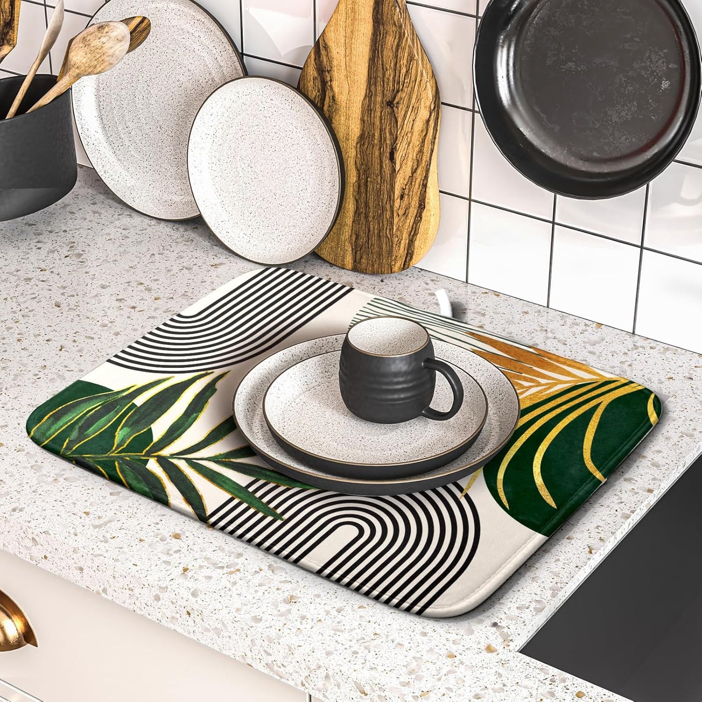 Boho Leaves Dish Drying Mat 16x18 inch Mid Century Absorbent Drainer Rack Mats Fast Dry Bottles Dish Dry Pad Protector Kitchen Accessories