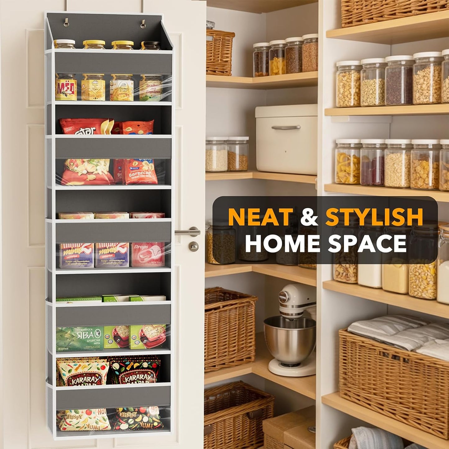 SpaceAid 2 Pack Over The Door Organizer with 5 Large Pockets and 10 Mesh Side Pockets, 5 Layers Door Organizer Hanging with Clear Window for Bedroom, Bathroom, Pantry and Nursery, Gray