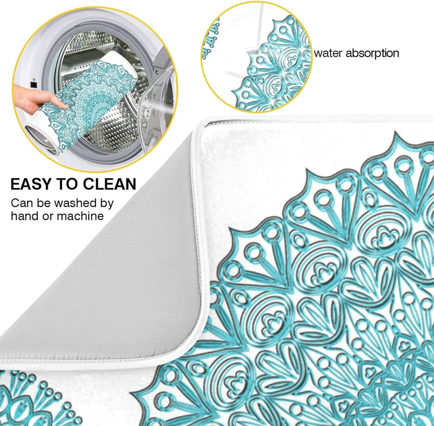 Super Absorbent Dish Drying Mat, Microfiber Fast-Drying Dish Mat, 16" x 18", Kitchen Dish Drying Pad, Boho Ethnic Turquoise Mandala