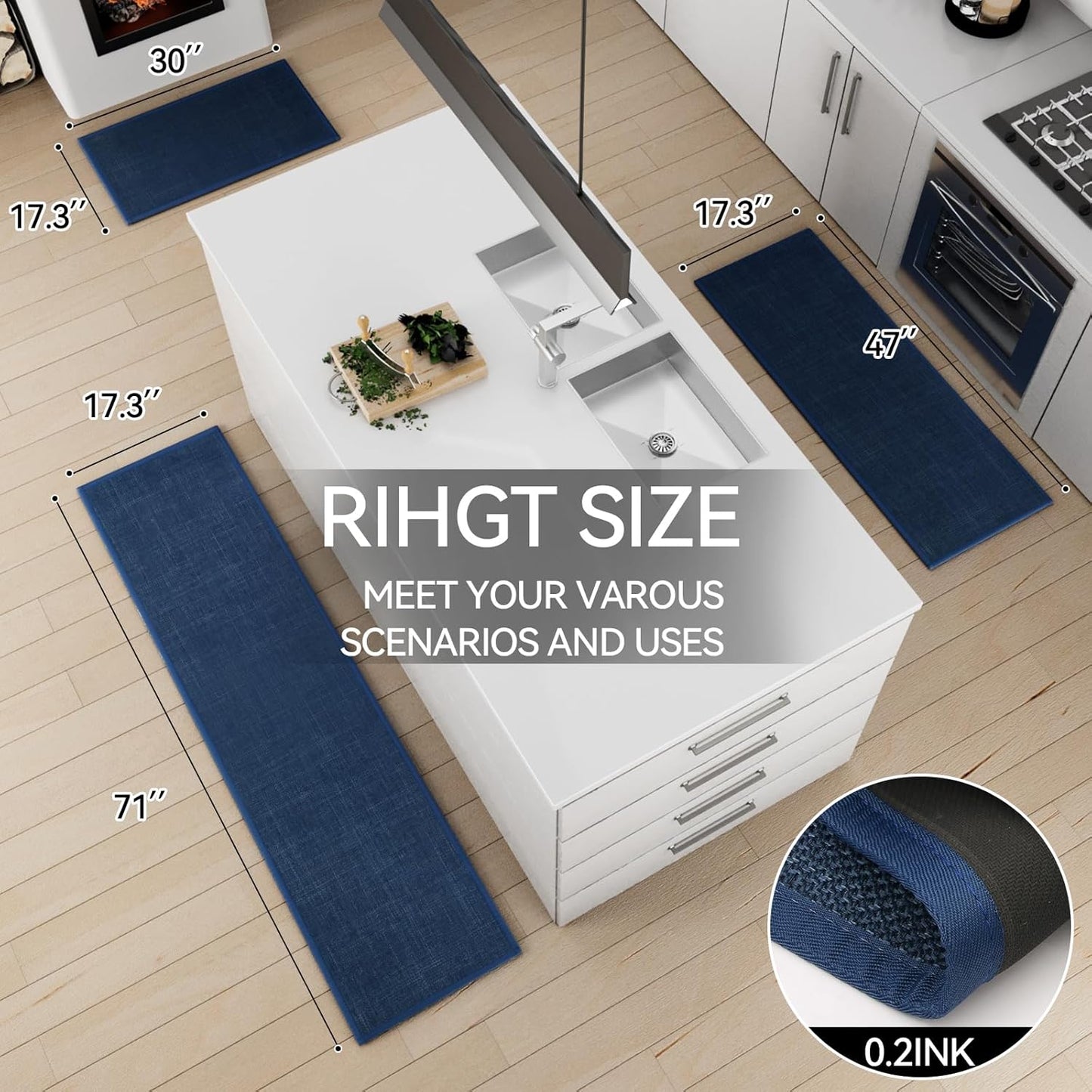 Kitchen Mat Set of 2 PCS, Cushioned Non Slip Rugs for Kitchen Floor, Absorbent Runner Comfort Standing Mats Washable for Kitchen, Office, Home (Dark Blue, 17.3"x47"+17.3"x71")