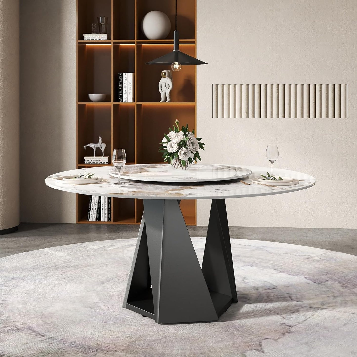 Montary 59" Modern Artificial Marble Round Dining Table with Black Iron Metal Base & 31.5" White Sintered Stone Turntable, Dining Room Table with Lazy Susan for 6-8 (Only Table)