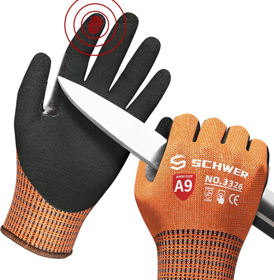 Schwer ProGuard Highest Level Cut Resistant Work Gloves PR3326 for Extreme Protection, ANSI A9 Cut Gloves with Reinforced Thumb, Non Slip, Breathable, Cooling, Durable, Touch-screen, Orange 2 Pairs（S）