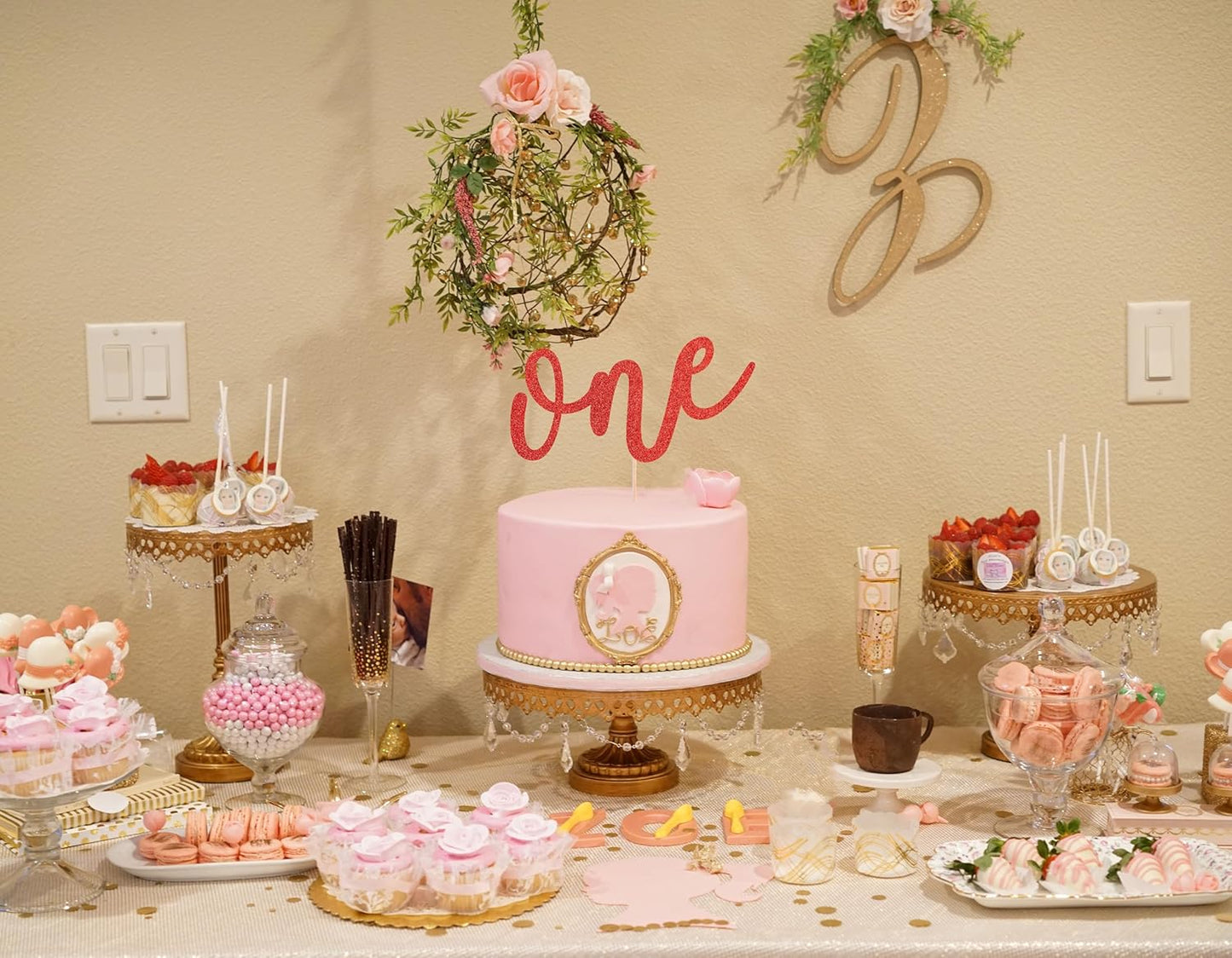 First Birthday Cake Topper - Red Glitter One Cake Decorating Supplies for Girls and Boys, Perfect for Baby Shower/Gender Revealing Party/Baby Party Photo Booth Props