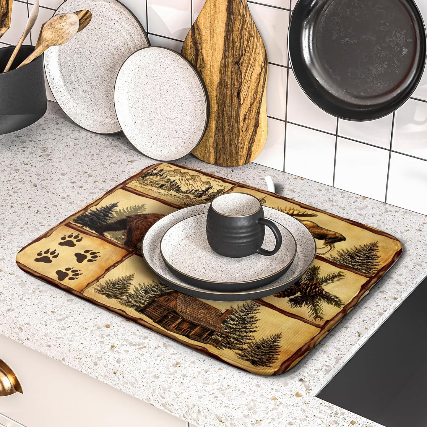 Vintage Bear Moose Dish Drying Mat 16x18 Inch Country Cabin Absorbent Dish Draining Mat Heat Resistant Drying Pad for Counter Sink Home