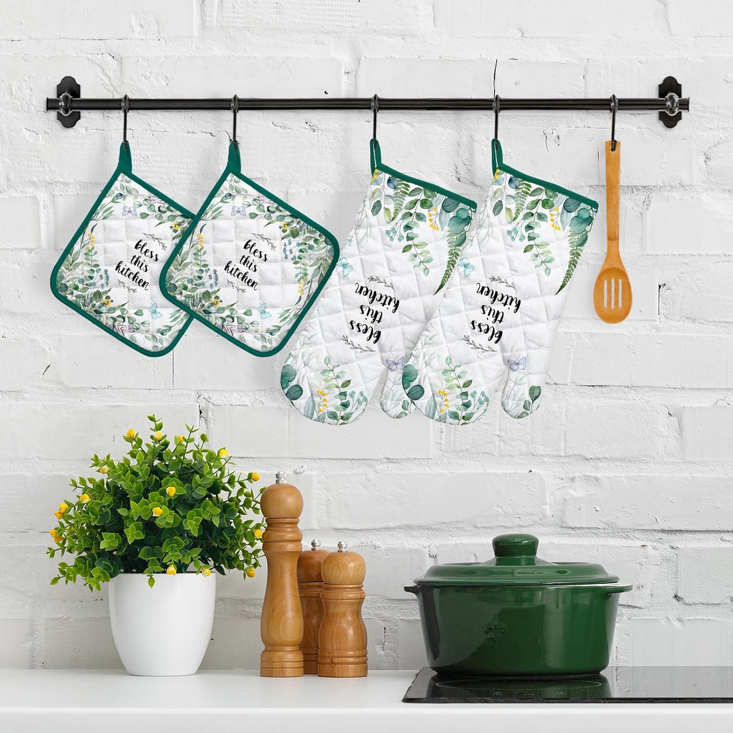 Eucalyptus Leaf Oven Mitts and Pot Holders Sets 4Pcs, 100% Cotton Heat Resistant, Extra Long Oven Gloves Potholder for Kitchen Cooking Baking Decoration