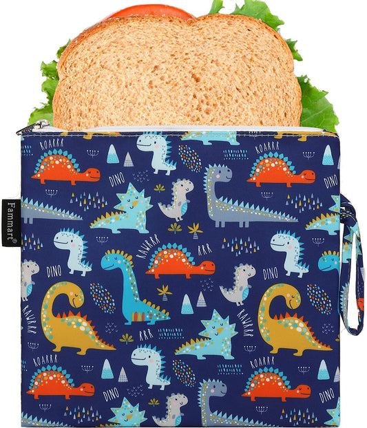 Reusable Sandwich Bag/Snack Bag for Kids & Adults, Dual Layer Lunch Bag with Handle, Cosmetic Bag Makeup Travel Bag for Women Girls, Washable, Food Safe, BPA Free (1-Pack, Dinosaur)